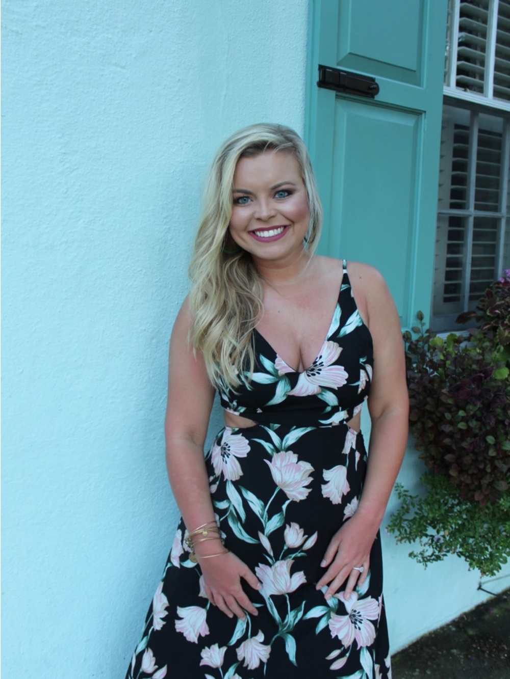 entro Black Floral Cutout Maxi Dress with Pink and Green Print